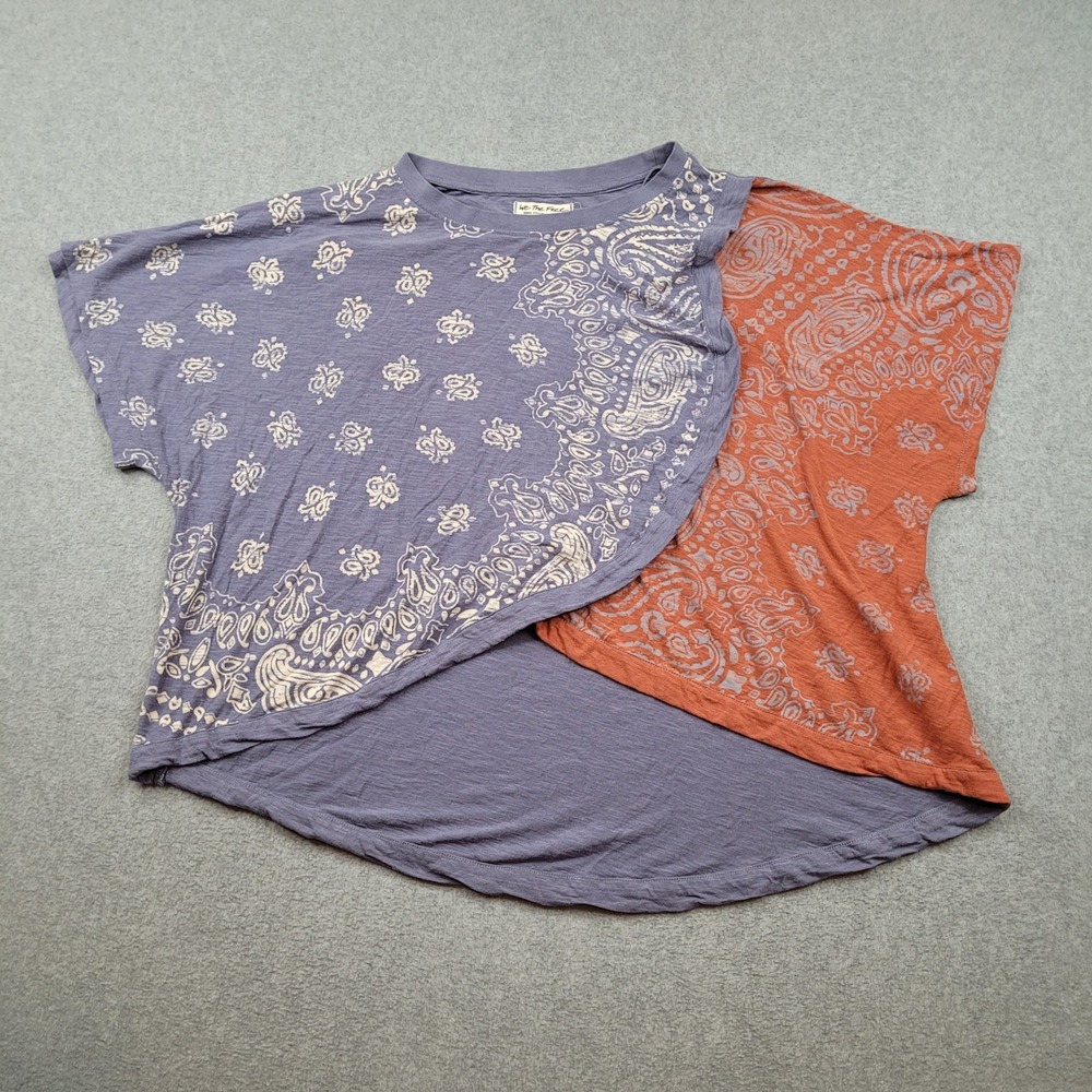 We The Free T-Shirt Womens Small Blue Orange Paisley Bandana Print Dolman Sleeve